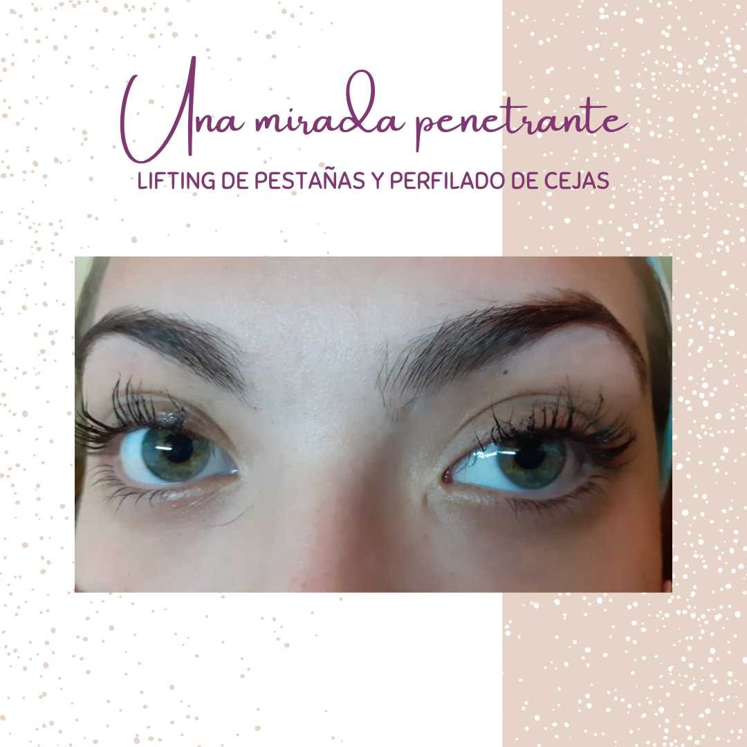 Ojos con lifting de pestañas y cejas perfiladas, de una placa de Quimey